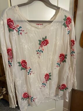 Johnny Was Cupra Blouse with Pink Rose Embroidery